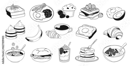 Line art breakfast food. Morning food, coffee, cereal bowl, croissant, bagel, granola yogurt, french toast. Elegant minimal hand drawn vector set