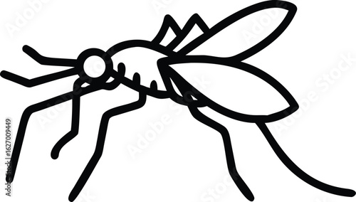 Simple black line drawing shows a mosquito with wings and long legs