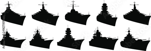 Set of warship silhouettes, naval vessel icons, front view designs, varied superstructures and antennas, black military ship vector illustration