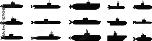 Submarine silhouette collection, black naval vector icons of underwater vessels, military and engineering design elements for ocean, war, and transport