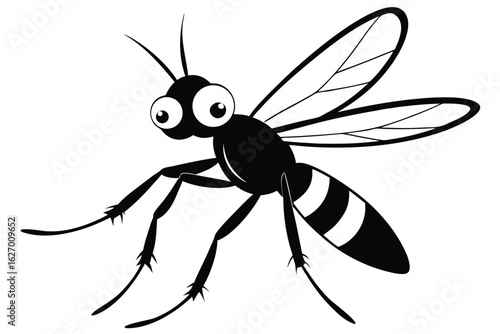 Monochrome cartoon mosquito displays striped abdomen, large eyes, and delicate wings prominently