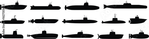 Submarine silhouette set, black vector icons of underwater vessels with periscopes and fins, naval design for ocean, war, and transport