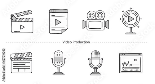 Set of line art icons for video production and content creation. Includes symbols for filmmaking, editing, and streaming.