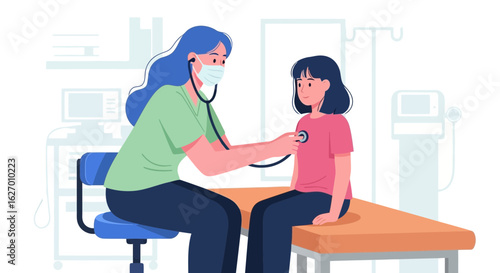 Vector art of a doctor wearing a mask uses a stethoscope to examine a young patient sitting on an examination table in a clinic