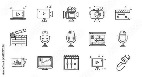 Multimedia production and content creation thin line icons. Vector set of film, audio, and broadcast symbols.