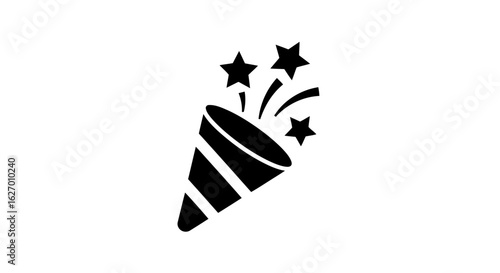 Vector art of a black icon of a party popper exploding with stars and confetti isolated on a white background
