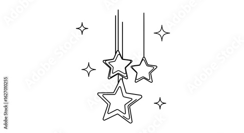 Vector art of a simple black and white line drawing of stars hanging from strings, with smaller sparkling stars scattered around