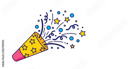 Vector art of a festive yellow party popper explodes with colorful confetti, streamers, stars, and circles on a white background
