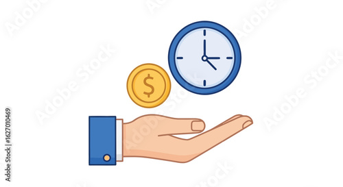 Vector art of a hand holds a clock and a dollar coin, symbolizing the value of time and money