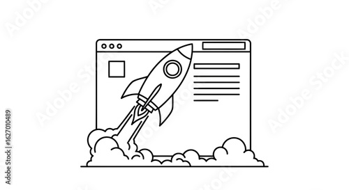 Vector art of a stylized black and white illustration of a rocket launching from a computer screen, symbolizing startup growth and digital innovation