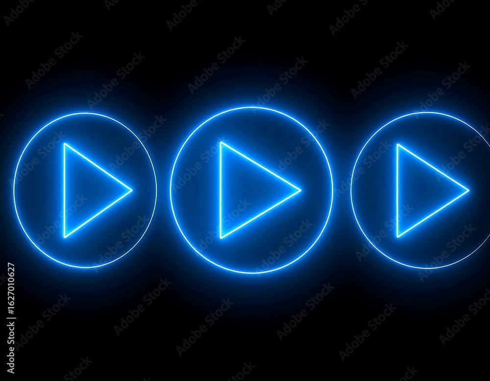 Fototapeta premium Neon blue play buttons on black background