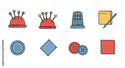 Sewing and needlework tool icon set. Vector illustration of tailor supplies including pincushions, thimble, and buttons.