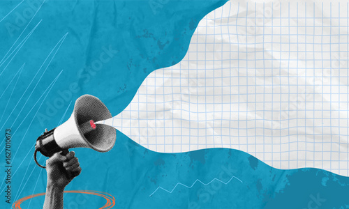 Trendy halftone pop art collage. Human hand holding megaphone and spreading fake news. Information, creativity, social problems, rumors. Empty space for advertising.