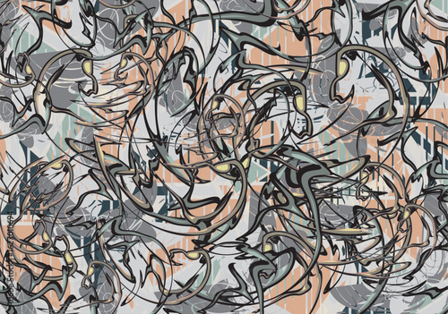 Chaotic backdrop with swirl and butterfly elements for fashion trends or covers. Abstract detailed background for interiors or dynamic posters, scrapbooking, tiles, textiles, fabric, wallpaper, prints