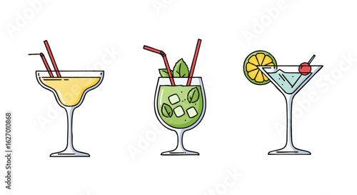 Collection of refreshing summer cocktails in glasses. Vector line art icons of alcoholic drinks like margarita, mojito, and martini.