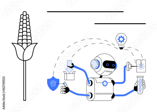 Robot managing precision tasks with tools and AI integrations beside corn. Ideal for innovation, technology, agriculture, food processing, sustainability, robotics, precision farming. Simple flat