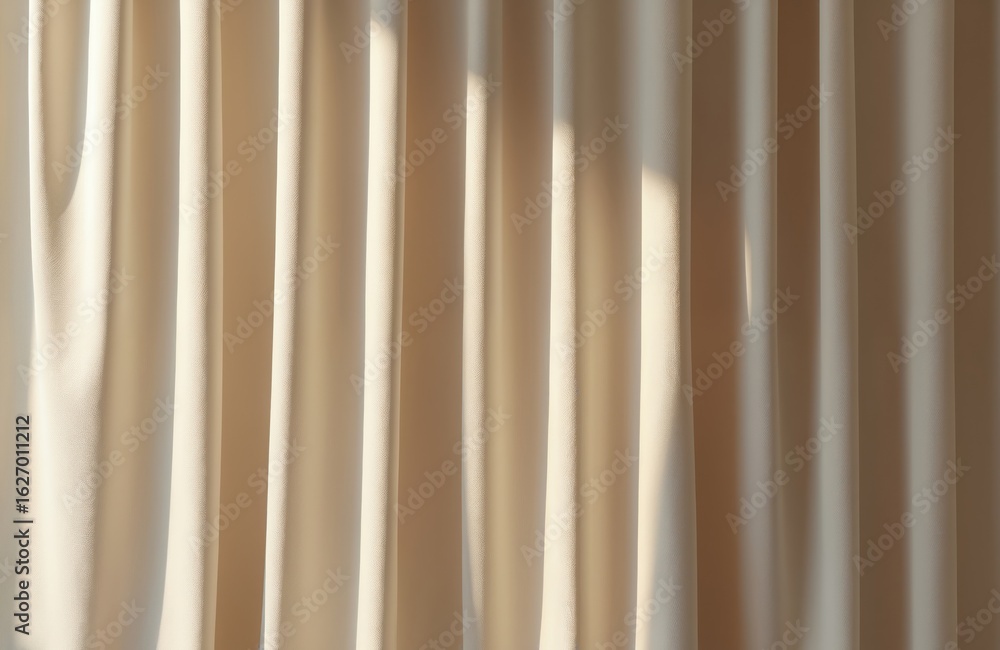 Obraz premium Beige curtains isolated on transparent background. Soft light casts shadows on fabric folds. Elegant textile suitable for theatre stage, cinema, interior design. Versatile element with copy space for