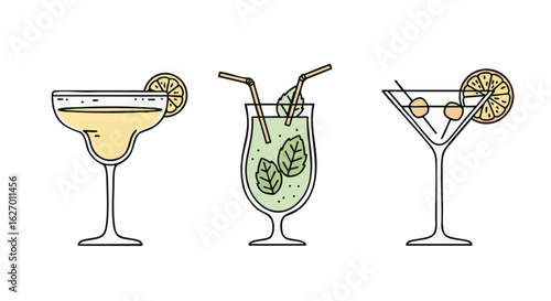 Collection of three classic cocktails in minimalist line art style. Set includes margarita, mojito, and martini glasses with garnishes, vector illustration.
