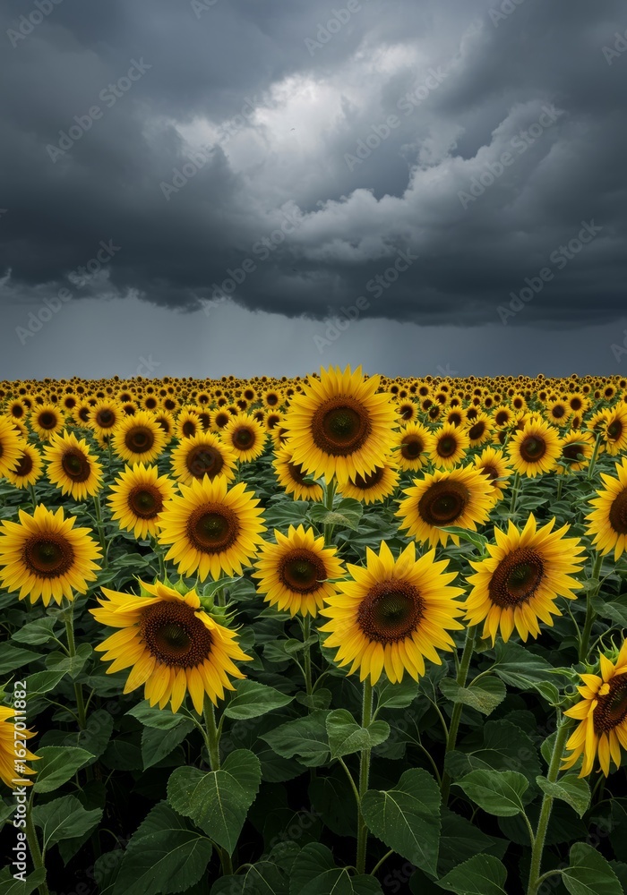 Fototapeta premium Vibrant sunflowers bloom beneath a dramatic stormy sky.