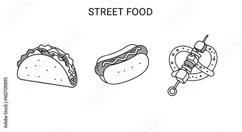 A collection of three popular street food icons. Minimalist black and white line art illustrations of a taco, hot dog, and a pretzel skewer 32.