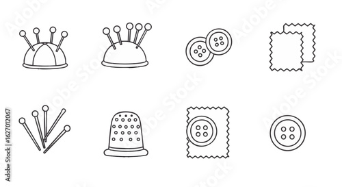 Sewing tools and tailoring supplies line icon set. Vector illustrations of pincushion, thimble, buttons, and fabric swatches.