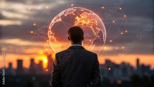 Man in suit looks at glowing digital earth globe over city skyline