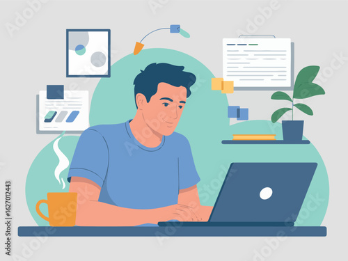 Clean and modern vector  illustration of man working remotely on laptop home office freelance job