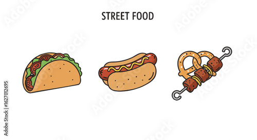 Vector icon set of popular street food. Colorful cartoon illustrations of a taco, hot dog, and a sausage and pretzel skewer, isolated for design.