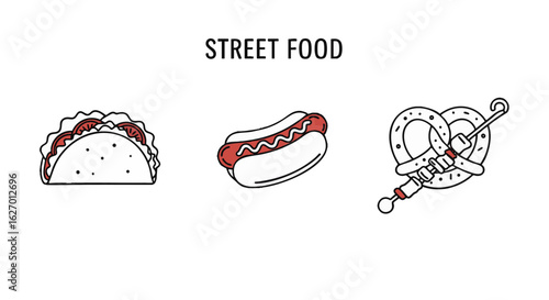 Street food icons set with taco, hot dog, and pretzel. Vector line art illustration for fast food concepts.