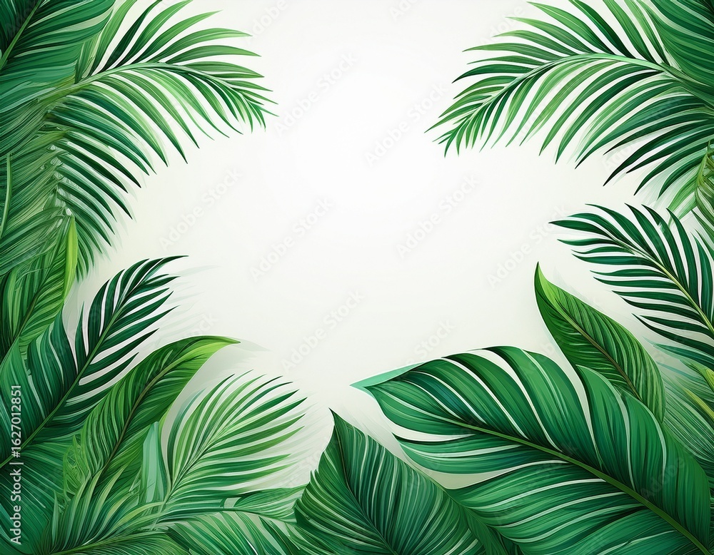 Fototapeta premium lush green palm leaves frame isolated on white background