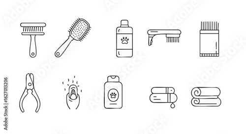 Collection of thin line icons for pet grooming. Includes essential hygiene supplies like shampoo, brush, and clippers for animal care.