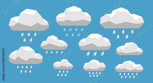 Low Poly Rain Clouds Weather Icons Set