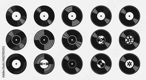 Vinyl Records Collection Music Icons Set Black