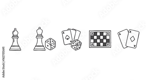 A set of line art icons representing classic board and card games. Vector illustrations of chess, dice, and checkers.