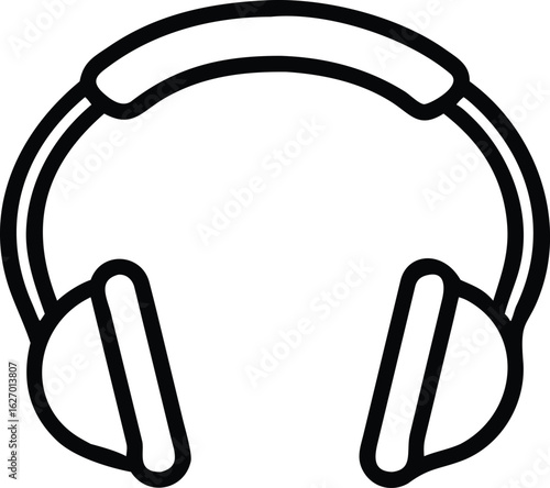 Minimalist black line art depicts over ear headphones on a white background