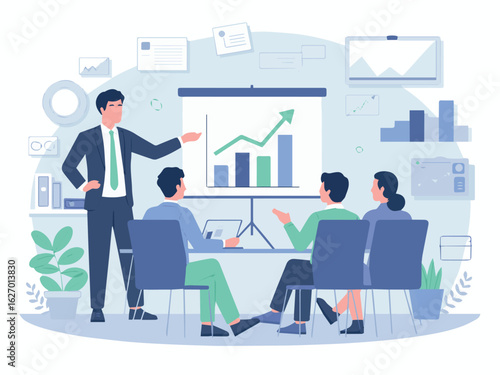 Clean and modern vector  business presentation meeting showing growth chart and team collaboration