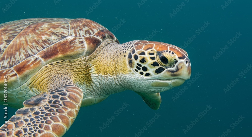 Fototapeta premium Green Sea Turtle Swims Gracefully Underwater