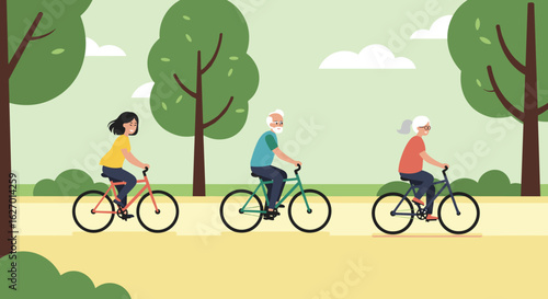 Diverse group cycling outdoors, featuring asian female, caucasian male and female, enjoying nature. Vector illustration