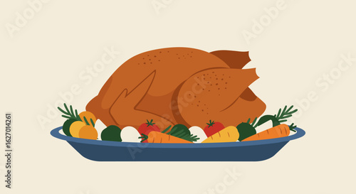 Roast turkey with vegetables on a platter. Vector illustration