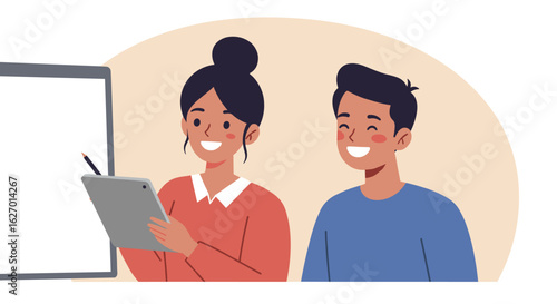 Asian young adults collaborating in casual attire with tablet and whiteboard. Vector illustration