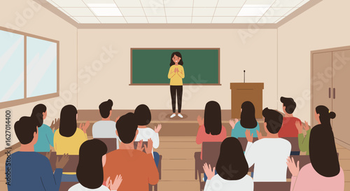 Asian female teacher applauded by diverse students in classroom presentation. Vector illustration