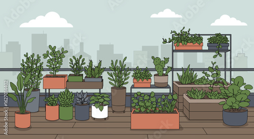 Urban balcony garden with diverse potted plants against city skyline background. Vector illustration