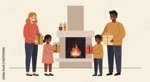 Family gathering by fireplace with gifts - african, caucasian, adult, child. Vector illustration