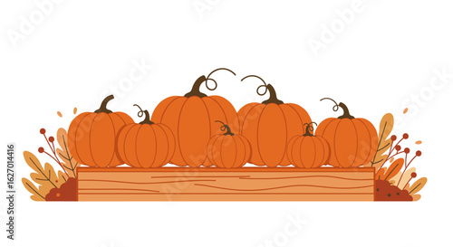 Autumn harvest: assorted pumpkins with leaves on wooden platform. Vector illustration
