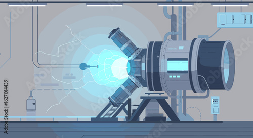 Futuristic fusion reactor in high-tech laboratory with blue energy core and industrial pipes. Vector illustration