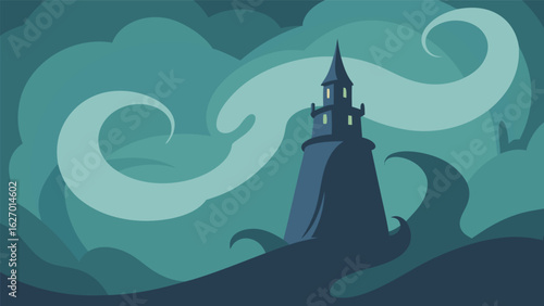 haunted tower with mist swirl vector background
