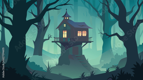 haunted treehouse hidden in misty woods vector background