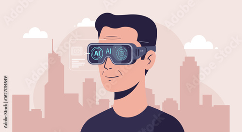 Young caucasian male with vr glasses in futuristic urban landscape. Vector illustration