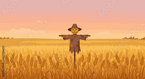 Rustic scarecrow in sunset wheat field at dusk with orange sky. Vector illustration