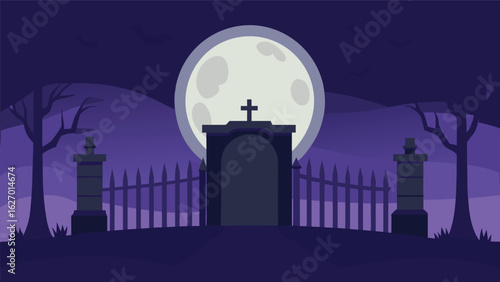 horror graveyard gate with full moon glow vector background